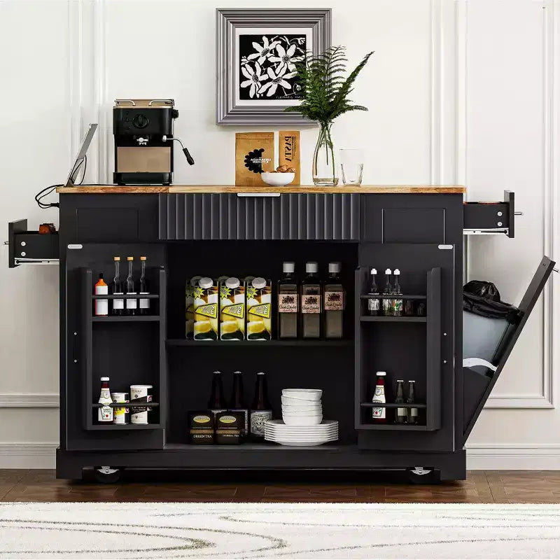 Okak Fluted Kitchen Island with Trash Cabinet, Countertop Organizer with Internal Storage Rack and Power Outlet, 5 Wheels Kitchen Cart