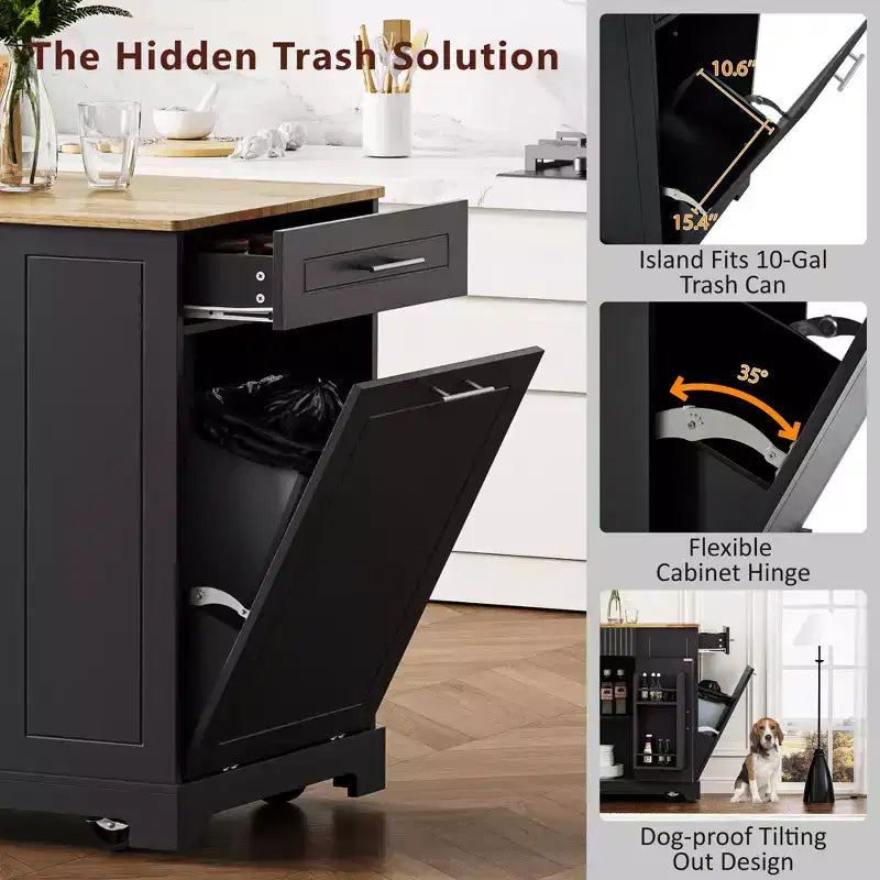 Okak Fluted Kitchen Island with Trash Cabinet, Countertop Organizer with Internal Storage Rack and Power Outlet, 5 Wheels Kitchen Cart