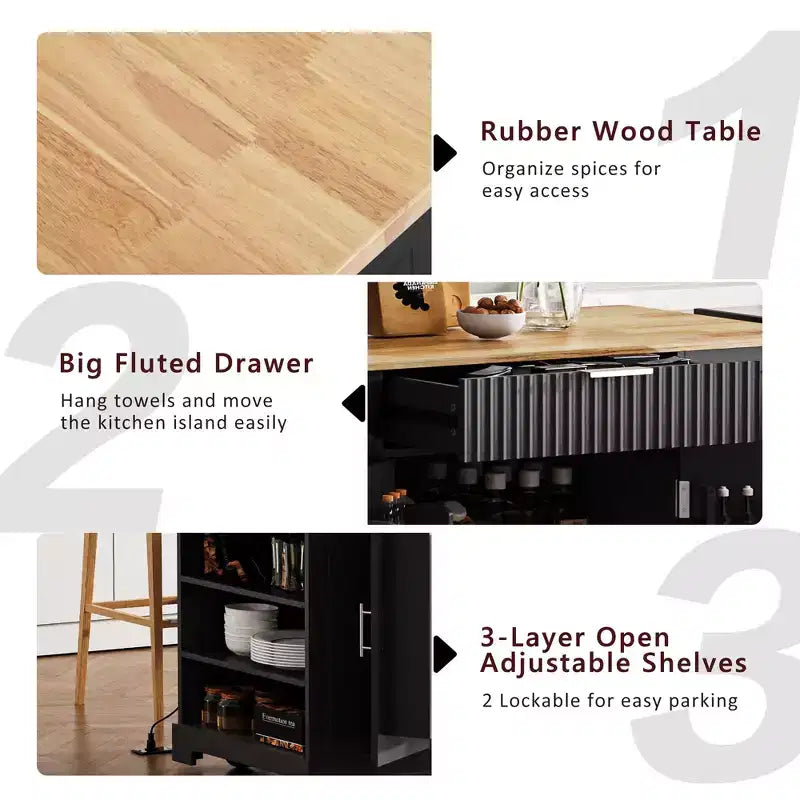 Okak Fluted Kitchen Island with Trash Cabinet, Countertop Organizer with Internal Storage Rack and Power Outlet, 5 Wheels Kitchen Cart