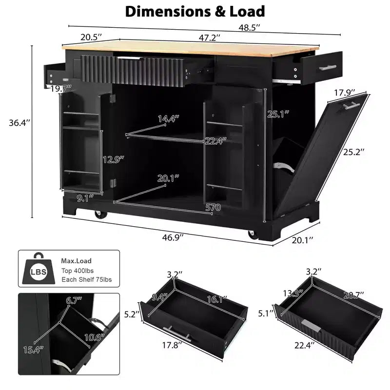Okak Fluted Kitchen Island with Trash Cabinet, Countertop Organizer with Internal Storage Rack and Power Outlet, 5 Wheels Kitchen Cart