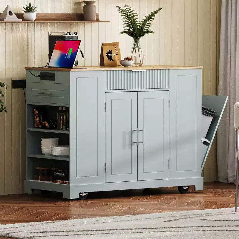 Okak Fluted Kitchen Island with Trash Cabinet, Countertop Organizer with Internal Storage Rack and Power Outlet, 5 Wheels Kitchen Cart