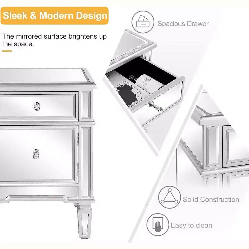 VINGLI Modern Nightstand Mirrored Bedside Table with 1 Drawer and 1 Cabinet Door for Bedroom, Silver