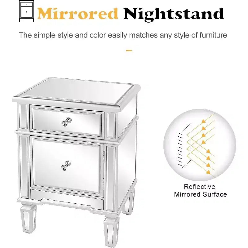 VINGLI Modern Nightstand Mirrored Bedside Table with 1 Drawer and 1 Cabinet Door for Bedroom, Silver