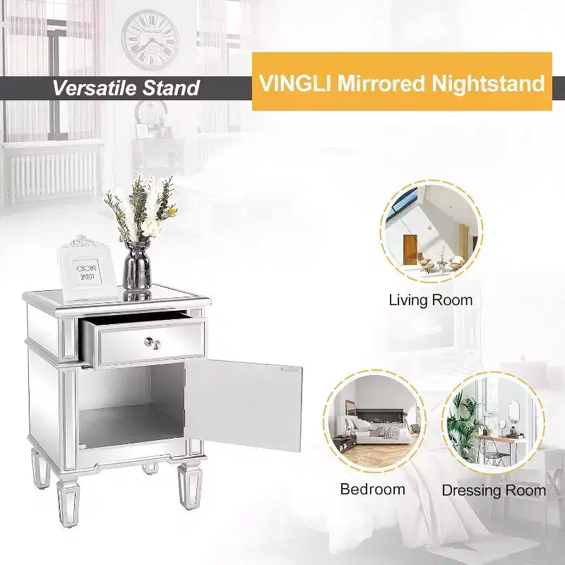 VINGLI Modern Nightstand Mirrored Bedside Table with 1 Drawer and 1 Cabinet Door for Bedroom, Silver