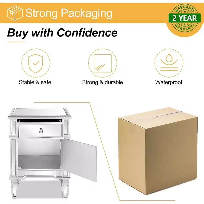 VINGLI Modern Nightstand Mirrored Bedside Table with 1 Drawer and 1 Cabinet Door for Bedroom, Silver