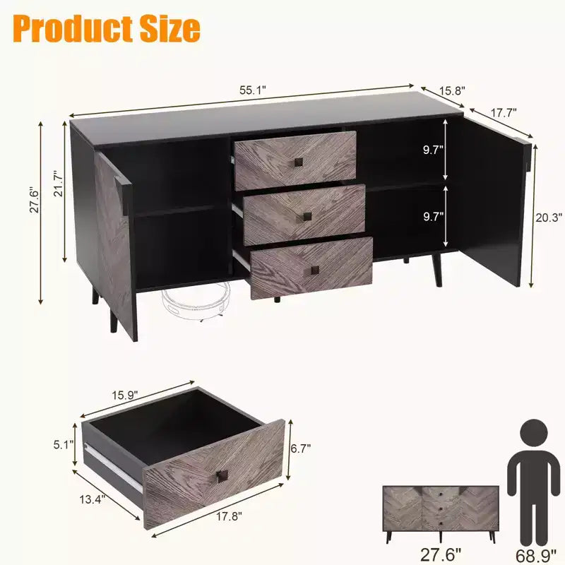Buffet Cabinet Wood Finish Storage Free Standing Accent Cabinet, for Dining Room, Entryway,