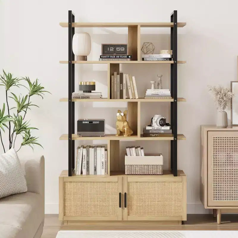 Bookshelf,Bookshelves with Open Display Shelves,71.1 Inch Tall Industrial Bookcase with Storage Door, Bookcase with Metal Frame for Living Room