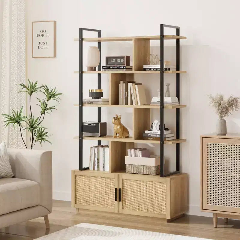 Bookshelf,Bookshelves with Open Display Shelves,71.1 Inch Tall Industrial Bookcase with Storage Door, Bookcase with Metal Frame for Living Room