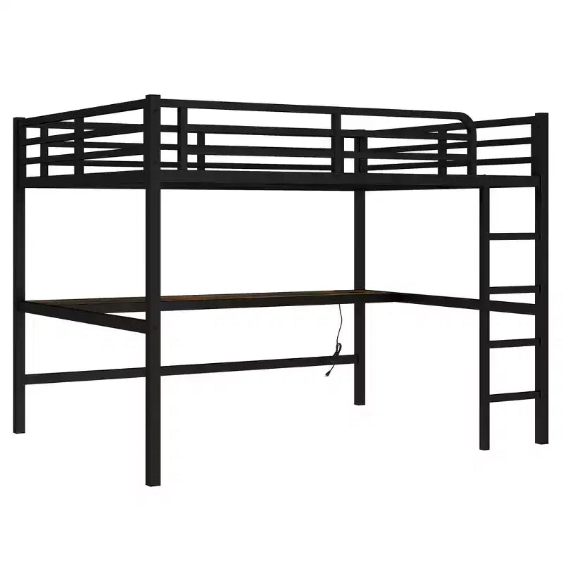 Bellemave Metal Queen Loft Bed with Desk, USB Ports, Power Outlet & LED Lights, Space-Saving Noise-Free Design, Sturdy Frame, Black