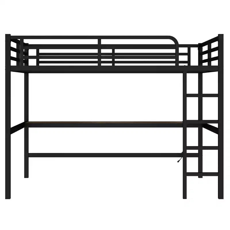 Bellemave Metal Queen Loft Bed with Desk, USB Ports, Power Outlet & LED Lights, Space-Saving Noise-Free Design, Sturdy Frame, Black