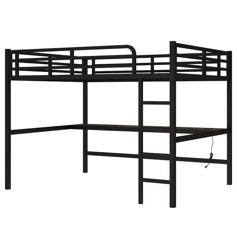 Bellemave Metal Queen Loft Bed with Desk, USB Ports, Power Outlet & LED Lights, Space-Saving Noise-Free Design, Sturdy Frame, Black