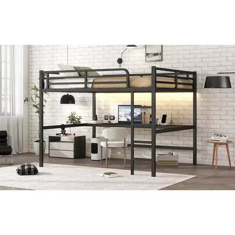 Bellemave Metal Queen Loft Bed with Desk, USB Ports, Power Outlet & LED Lights, Space-Saving Noise-Free Design, Sturdy Frame, Black