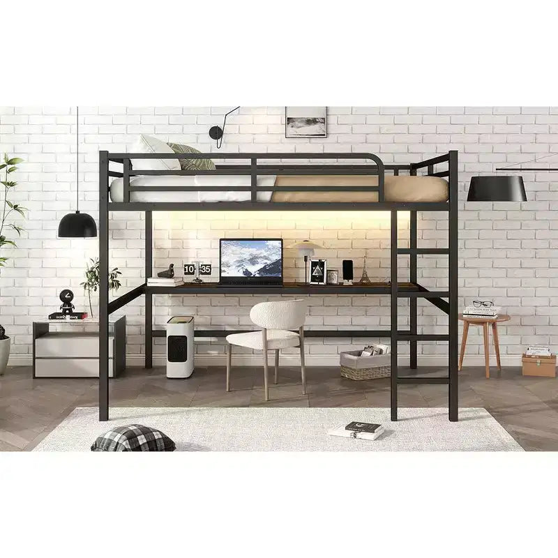Bellemave Metal Queen Loft Bed with Desk, USB Ports, Power Outlet & LED Lights, Space-Saving Noise-Free Design, Sturdy Frame, Black