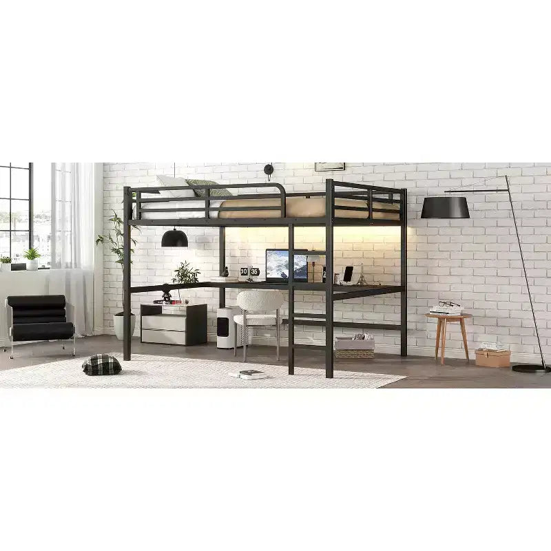 Bellemave Metal Queen Loft Bed with Desk, USB Ports, Power Outlet & LED Lights, Space-Saving Noise-Free Design, Sturdy Frame, Black