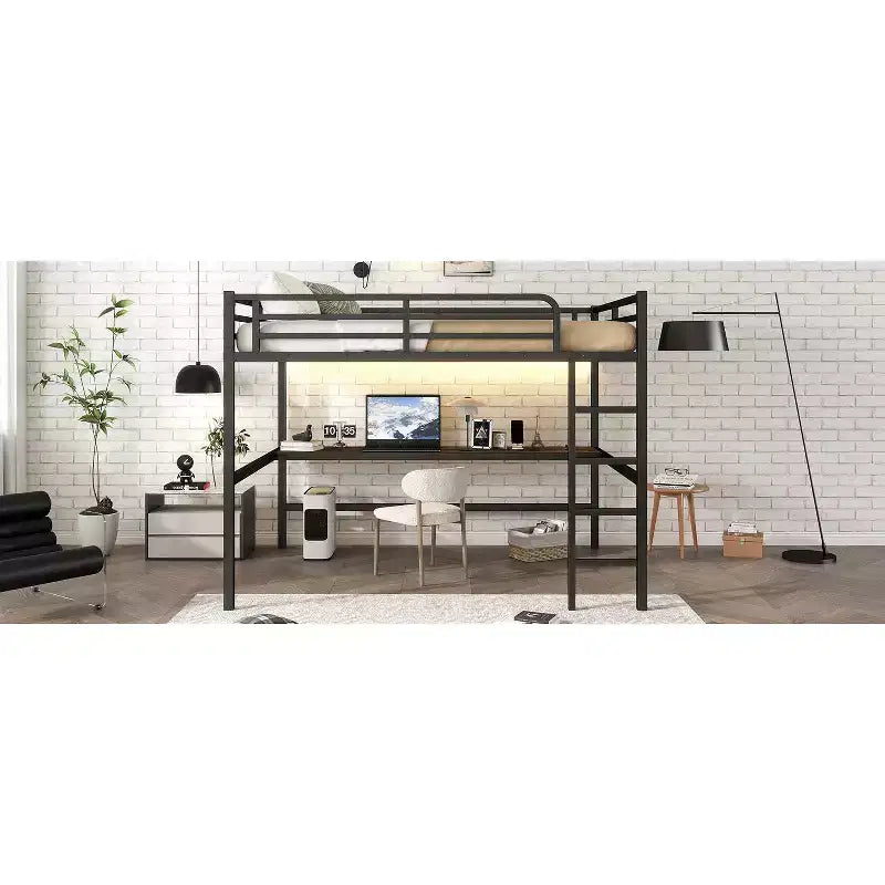 Bellemave Metal Queen Loft Bed with Desk, USB Ports, Power Outlet & LED Lights, Space-Saving Noise-Free Design, Sturdy Frame, Black