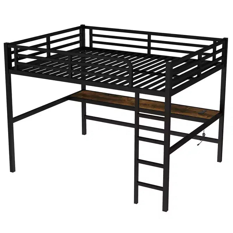 Bellemave Metal Queen Loft Bed with Desk, USB Ports, Power Outlet & LED Lights, Space-Saving Noise-Free Design, Sturdy Frame, Black