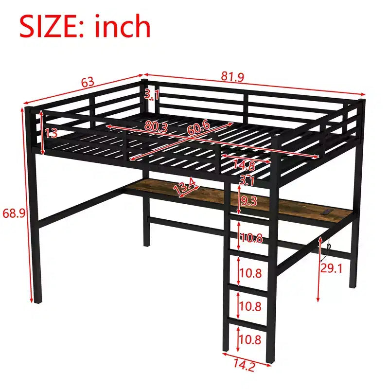 Bellemave Metal Queen Loft Bed with Desk, USB Ports, Power Outlet & LED Lights, Space-Saving Noise-Free Design, Sturdy Frame, Black