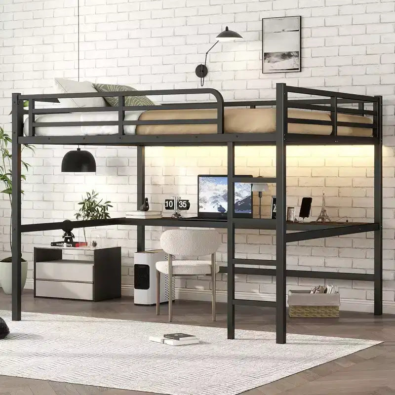 Bellemave Metal Queen Loft Bed with Desk, USB Ports, Power Outlet & LED Lights, Space-Saving Noise-Free Design, Sturdy Frame, Black