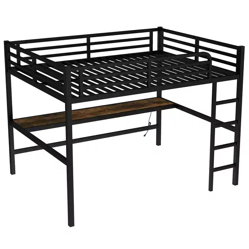 Bellemave Metal Queen Loft Bed with Desk, USB Ports, Power Outlet & LED Lights, Space-Saving Noise-Free Design, Sturdy Frame, Black