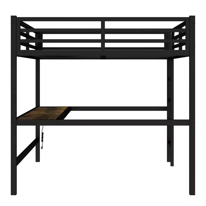 Bellemave Metal Queen Loft Bed with Desk, USB Ports, Power Outlet & LED Lights, Space-Saving Noise-Free Design, Sturdy Frame, Black