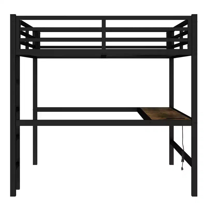 Bellemave Metal Queen Loft Bed with Desk, USB Ports, Power Outlet & LED Lights, Space-Saving Noise-Free Design, Sturdy Frame, Black