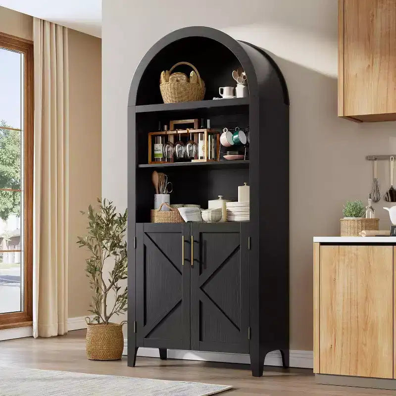 Arched 5-Tier Bookcase with Doors, Modern Display Shelf & Storage Cabinet for Home Office, Living Room or Library