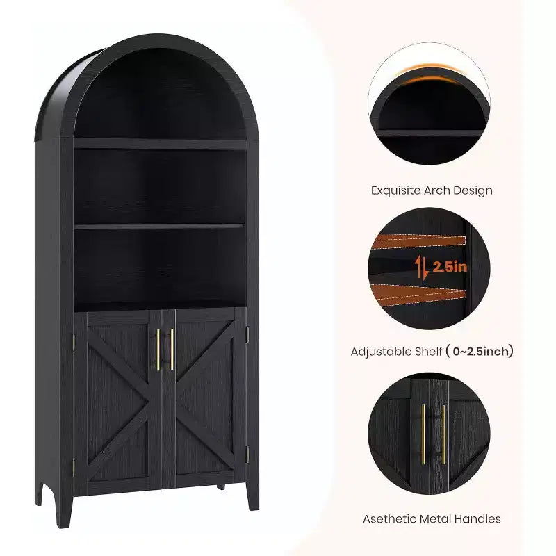 Arched 5-Tier Bookcase with Doors, Modern Display Shelf & Storage Cabinet for Home Office, Living Room or Library
