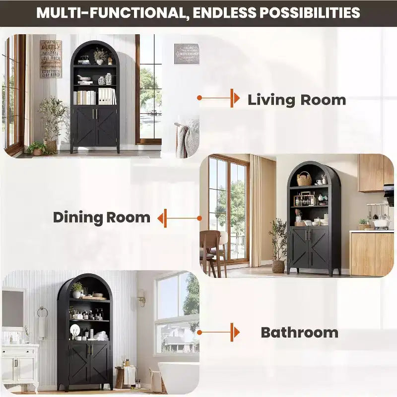 Arched 5-Tier Bookcase with Doors, Modern Display Shelf & Storage Cabinet for Home Office, Living Room or Library