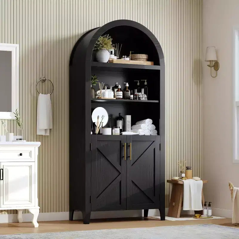 Arched 5-Tier Bookcase with Doors, Modern Display Shelf & Storage Cabinet for Home Office, Living Room or Library