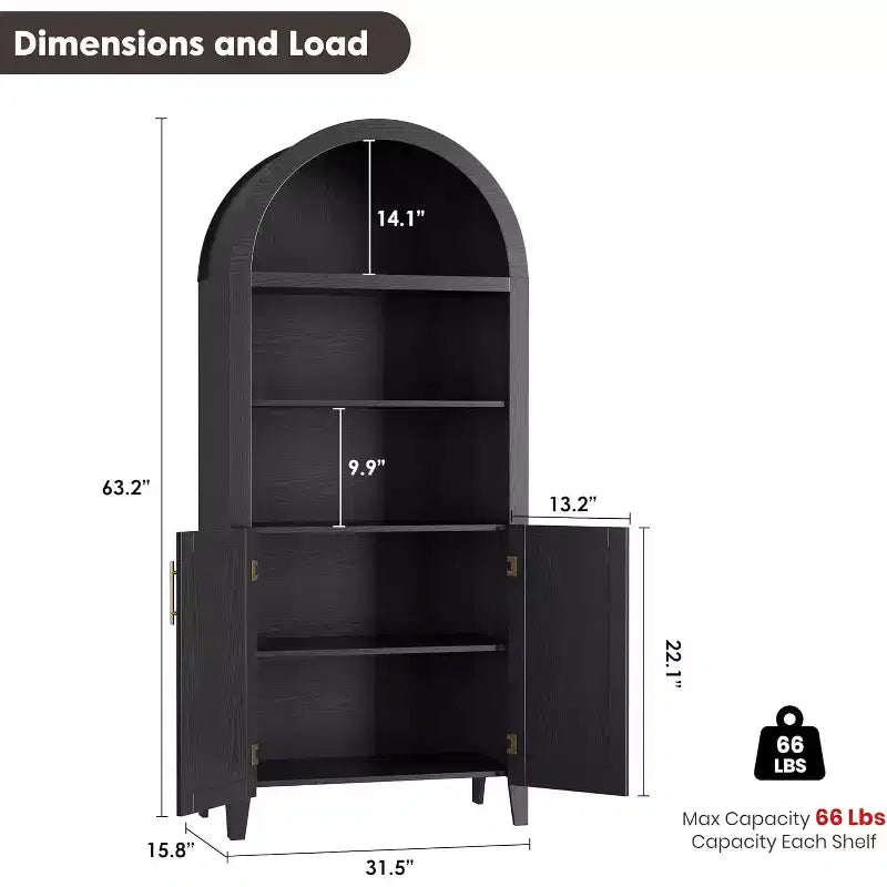 Arched 5-Tier Bookcase with Doors, Modern Display Shelf & Storage Cabinet for Home Office, Living Room or Library