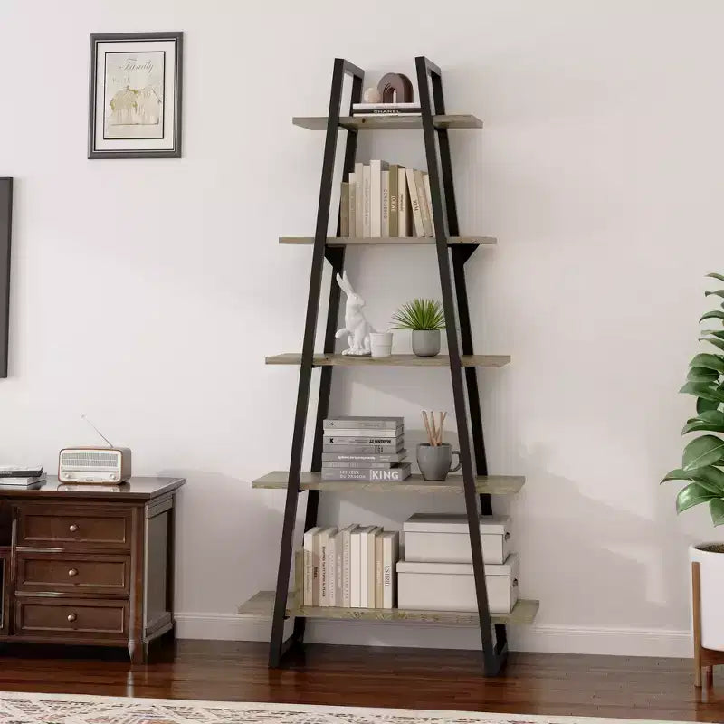 5-Tier A-Shaped Bookshelf, A-Shaped Bookcase Industrial Ladder Shelf Open Display Shelves with Metal Frame, Plant Stand Shelf Living Room, Office
