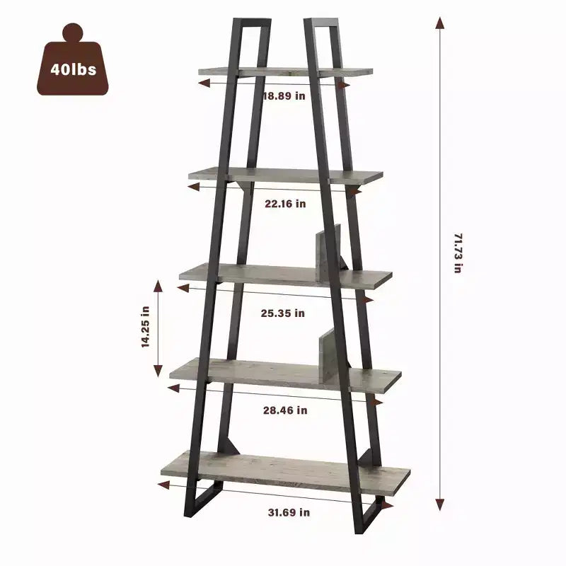 5-Tier A-Shaped Bookshelf, A-Shaped Bookcase Industrial Ladder Shelf Open Display Shelves with Metal Frame, Plant Stand Shelf Living Room, Office