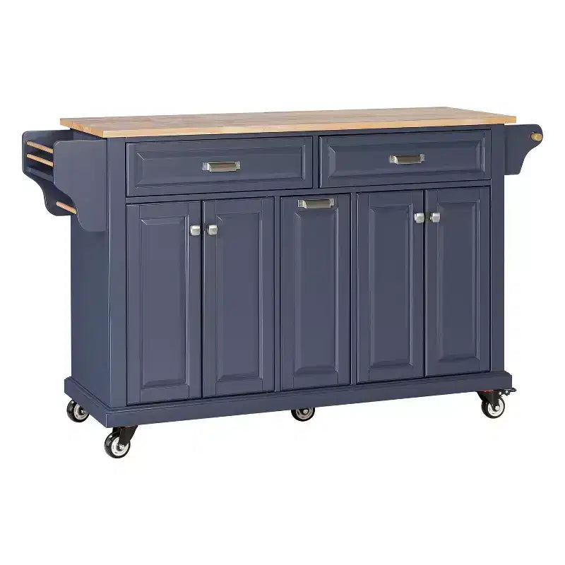 Okak Kitchen Island With Storage and Rubber Wood Countertop, 5 Wheels Kitchen Cart with Ample Storage, Countertop Organizer for Dining Room