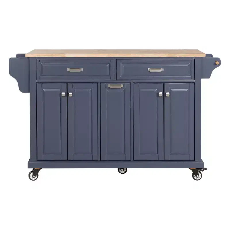 Okak Kitchen Island With Storage and Rubber Wood Countertop, 5 Wheels Kitchen Cart with Ample Storage, Countertop Organizer for Dining Room