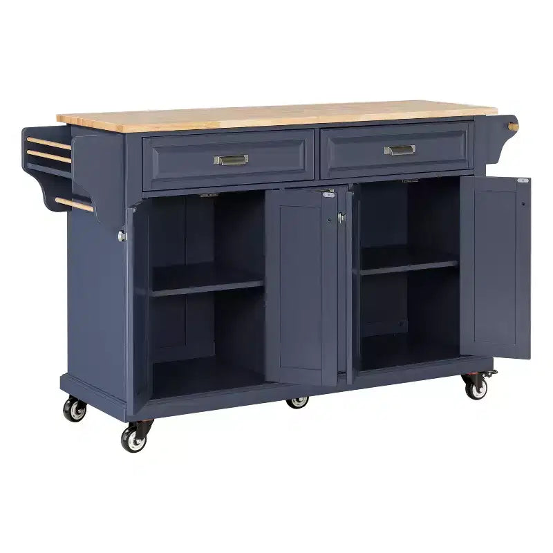 Okak Kitchen Island With Storage and Rubber Wood Countertop, 5 Wheels Kitchen Cart with Ample Storage, Countertop Organizer for Dining Room