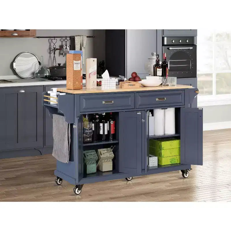 Okak Kitchen Island With Storage and Rubber Wood Countertop, 5 Wheels Kitchen Cart with Ample Storage, Countertop Organizer for Dining Room