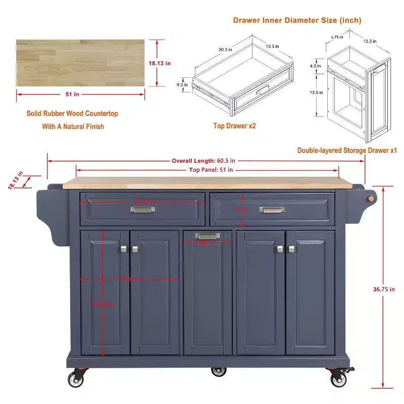 Okak Kitchen Island With Storage and Rubber Wood Countertop, 5 Wheels Kitchen Cart with Ample Storage, Countertop Organizer for Dining Room