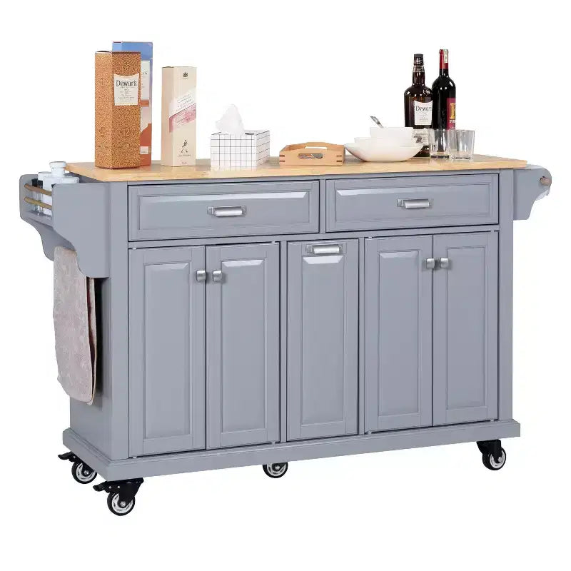 Okak Kitchen Island With Storage and Rubber Wood Countertop, 5 Wheels Kitchen Cart with Ample Storage, Countertop Organizer for Dining Room