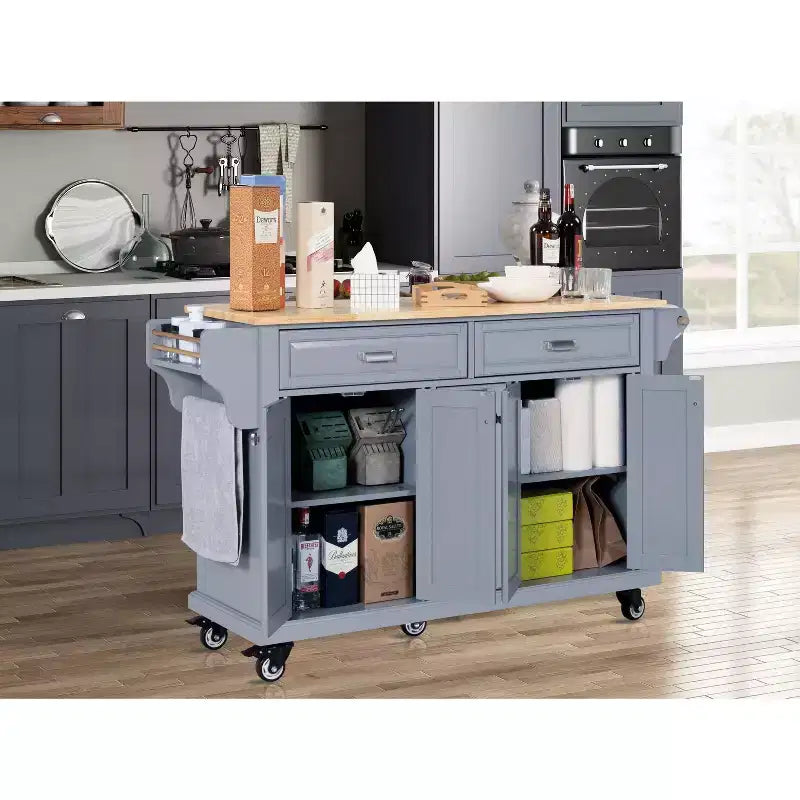 Okak Kitchen Island With Storage and Rubber Wood Countertop, 5 Wheels Kitchen Cart with Ample Storage, Countertop Organizer for Dining Room