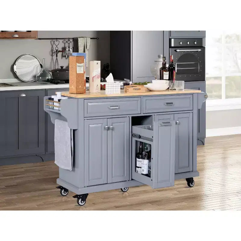 Okak Kitchen Island With Storage and Rubber Wood Countertop, 5 Wheels Kitchen Cart with Ample Storage, Countertop Organizer for Dining Room