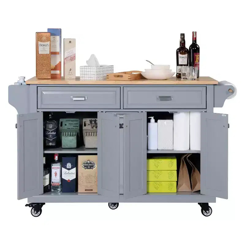 Okak Kitchen Island With Storage and Rubber Wood Countertop, 5 Wheels Kitchen Cart with Ample Storage, Countertop Organizer for Dining Room