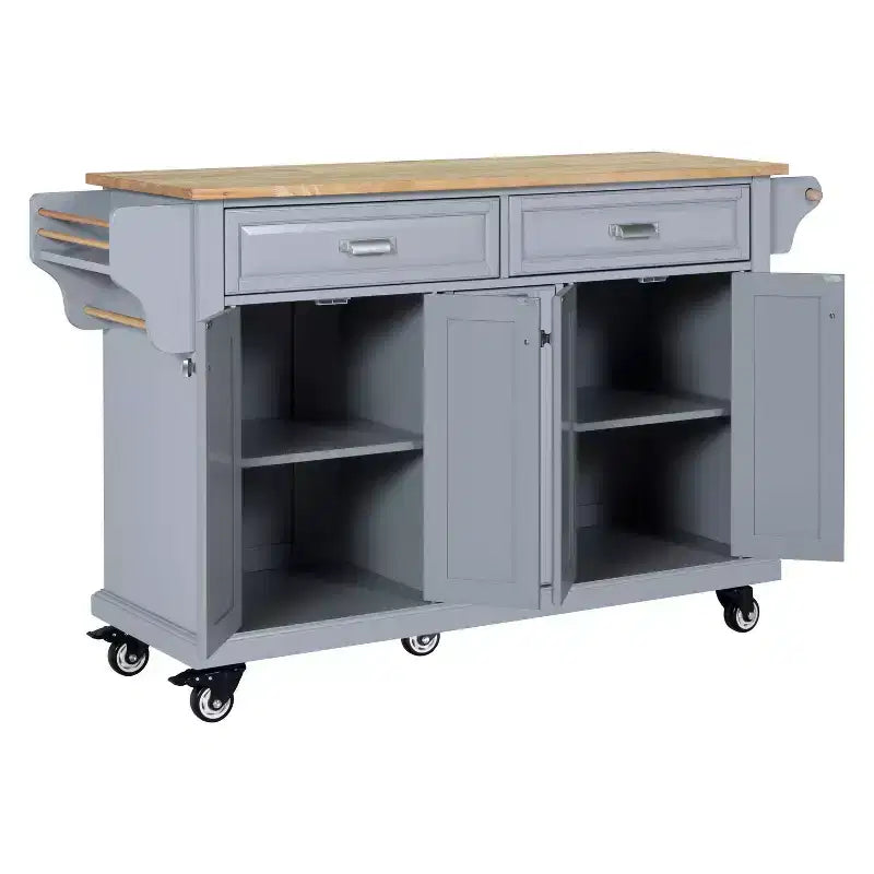 Okak Kitchen Island With Storage and Rubber Wood Countertop, 5 Wheels Kitchen Cart with Ample Storage, Countertop Organizer for Dining Room