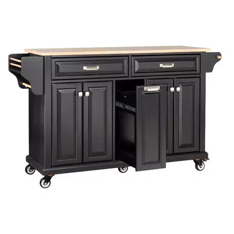 Okak Kitchen Island With Storage and Rubber Wood Countertop, 5 Wheels Kitchen Cart with Ample Storage, Countertop Organizer for Dining Room