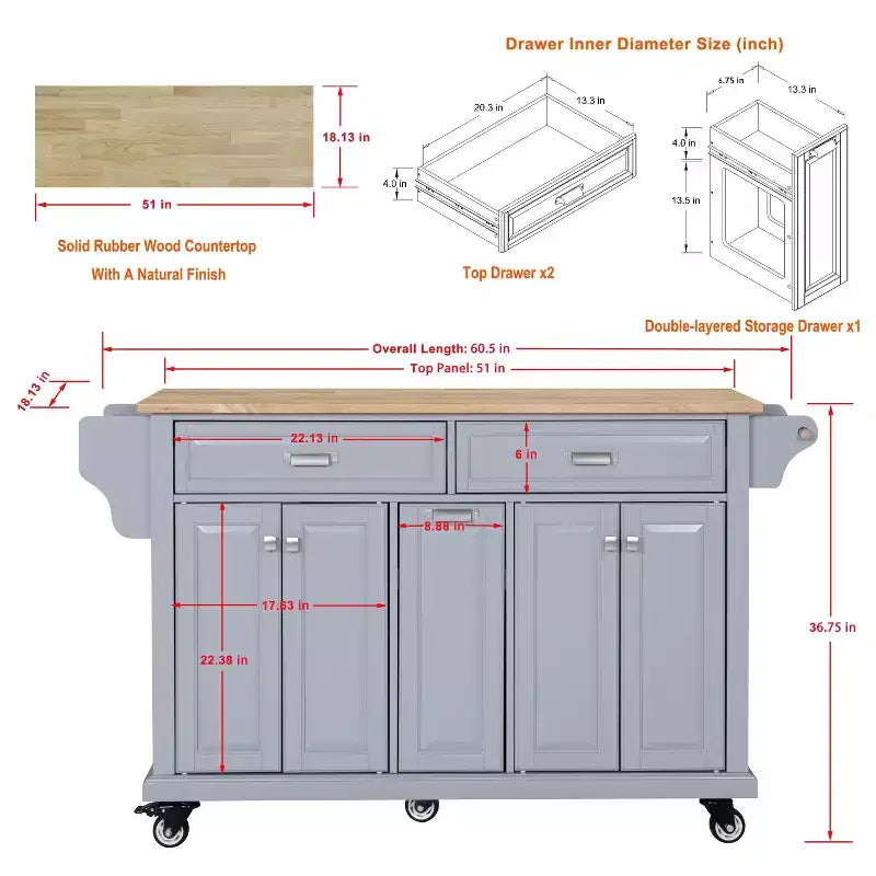 Okak Kitchen Island With Storage and Rubber Wood Countertop, 5 Wheels Kitchen Cart with Ample Storage, Countertop Organizer for Dining Room