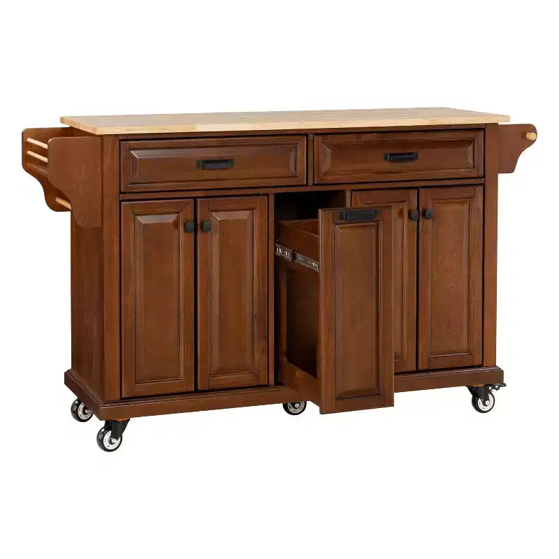 Okak Kitchen Island With Storage and Rubber Wood Countertop, 5 Wheels Kitchen Cart with Ample Storage, Countertop Organizer for Dining Room