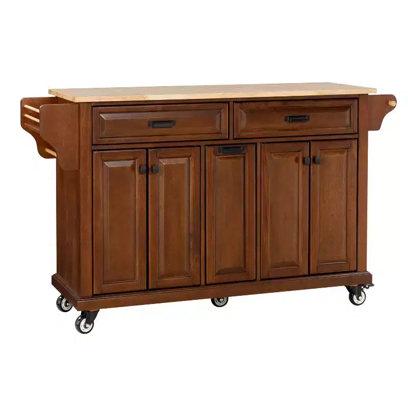 Okak Kitchen Island With Storage and Rubber Wood Countertop, 5 Wheels Kitchen Cart with Ample Storage, Countertop Organizer for Dining Room
