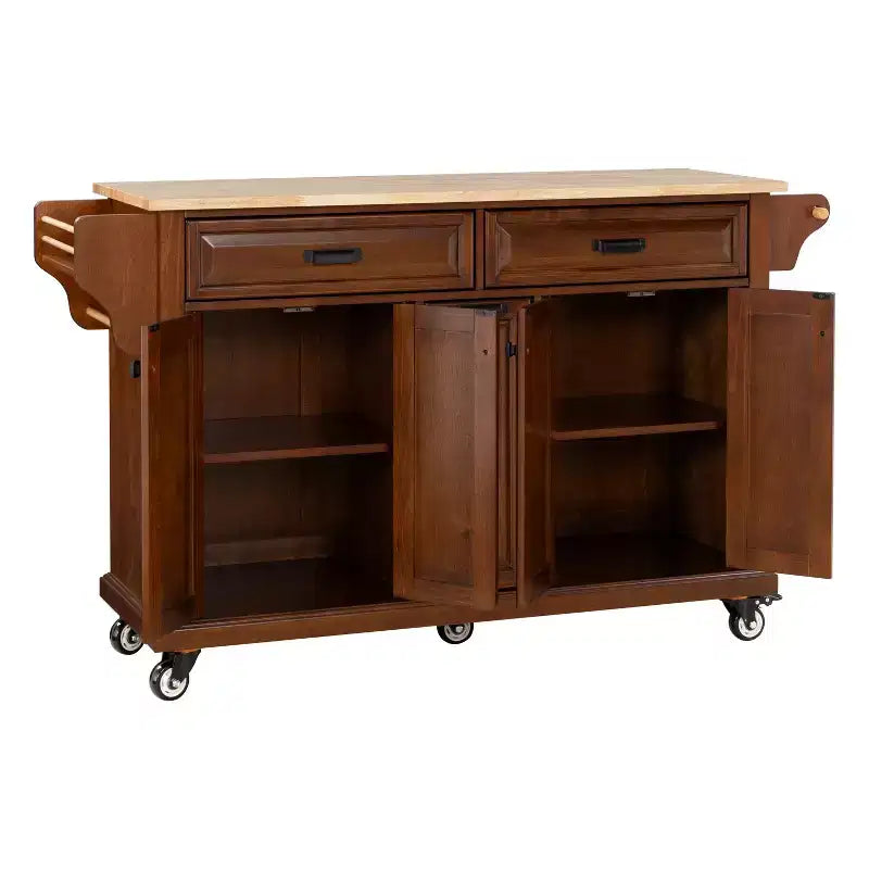 Okak Kitchen Island With Storage and Rubber Wood Countertop, 5 Wheels Kitchen Cart with Ample Storage, Countertop Organizer for Dining Room