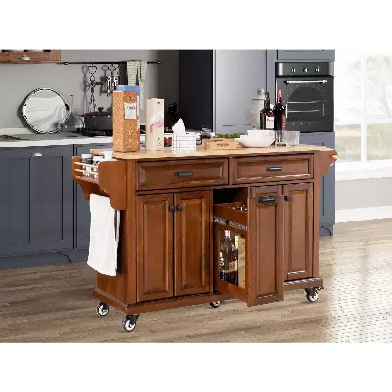 Okak Kitchen Island With Storage and Rubber Wood Countertop, 5 Wheels Kitchen Cart with Ample Storage, Countertop Organizer for Dining Room