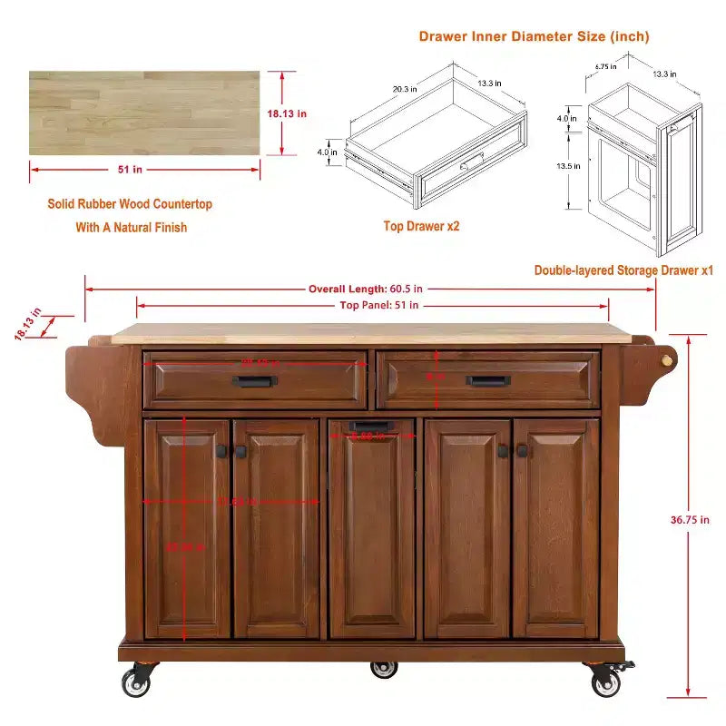 Okak Kitchen Island With Storage and Rubber Wood Countertop, 5 Wheels Kitchen Cart with Ample Storage, Countertop Organizer for Dining Room