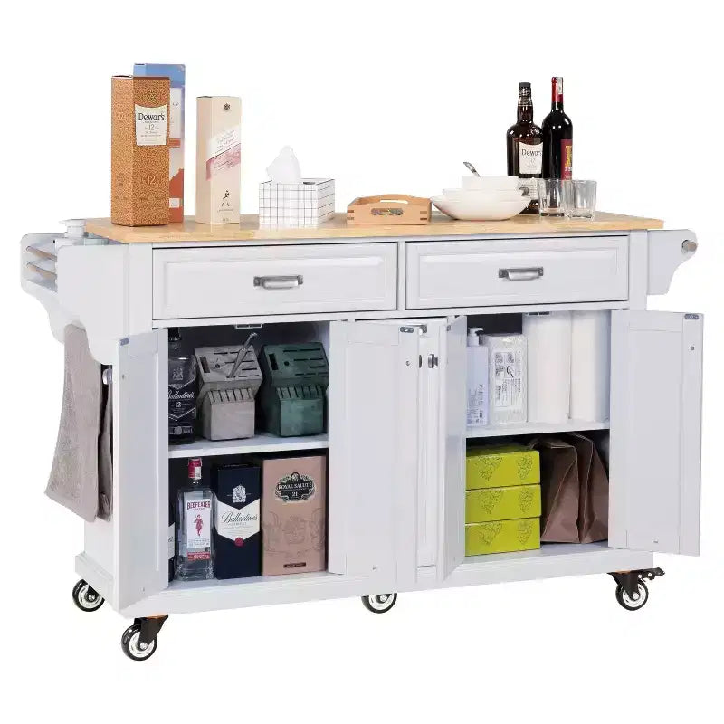 Okak Kitchen Island With Storage and Rubber Wood Countertop, 5 Wheels Kitchen Cart with Ample Storage, Countertop Organizer for Dining Room